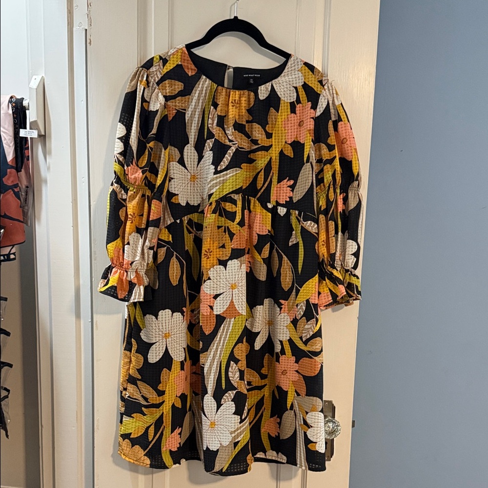 Who What Wear Black and Orange Floral Long Sleeve Dress